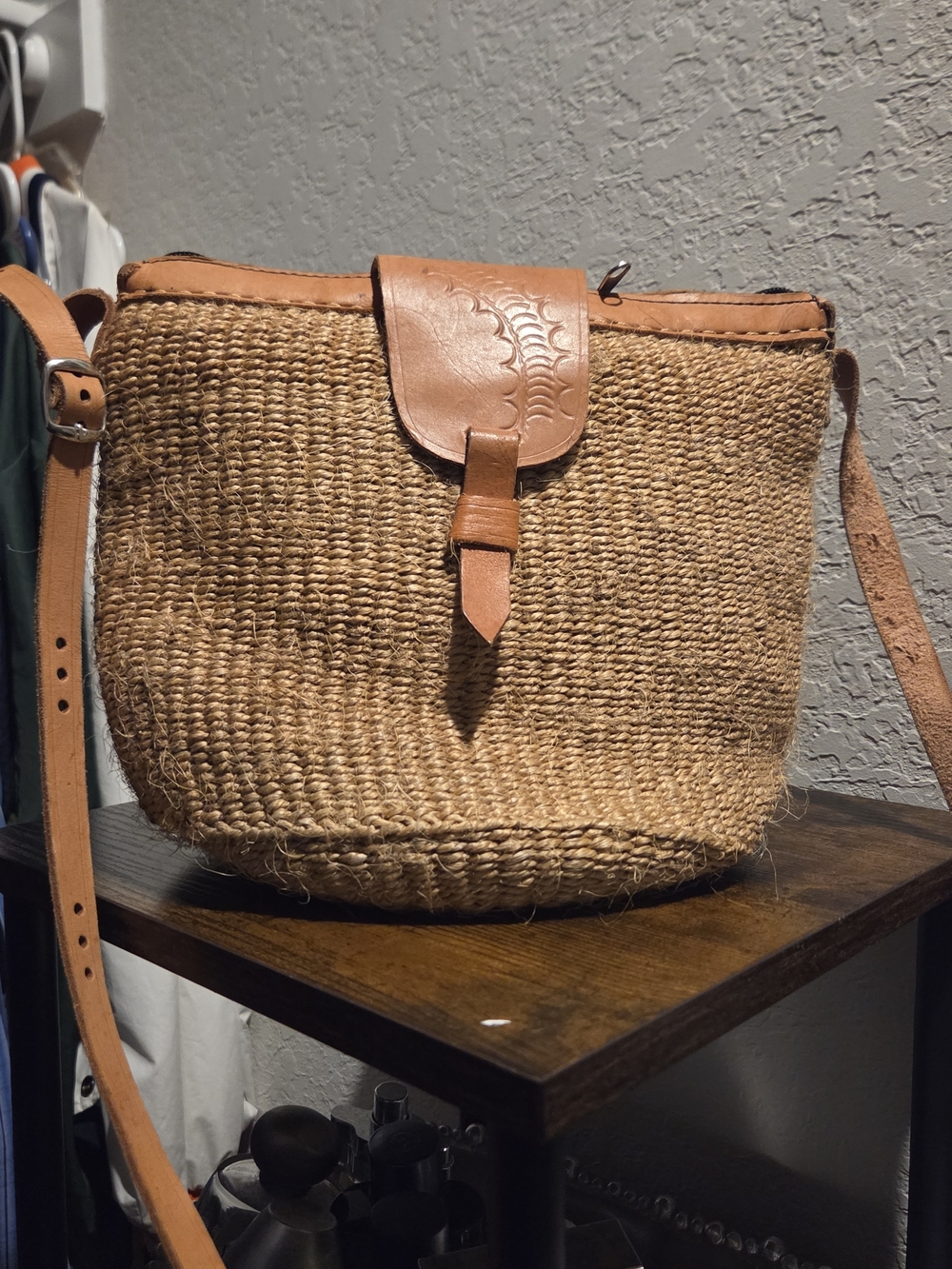 Woven Jute Crossbody Bag with Tan Genuine Leather Trim ( Zipper Closure)